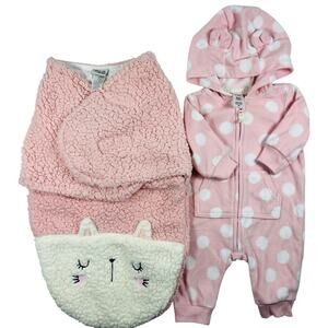 Baby Girl 0-3M Carter’s Fleece Bunting Chick Pea Sherpa Cat Set